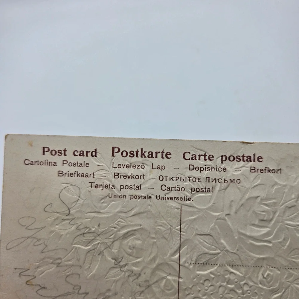 Vintage Best Wishes Pink Roses Blue Vase Embossed Postcard SER. 575
